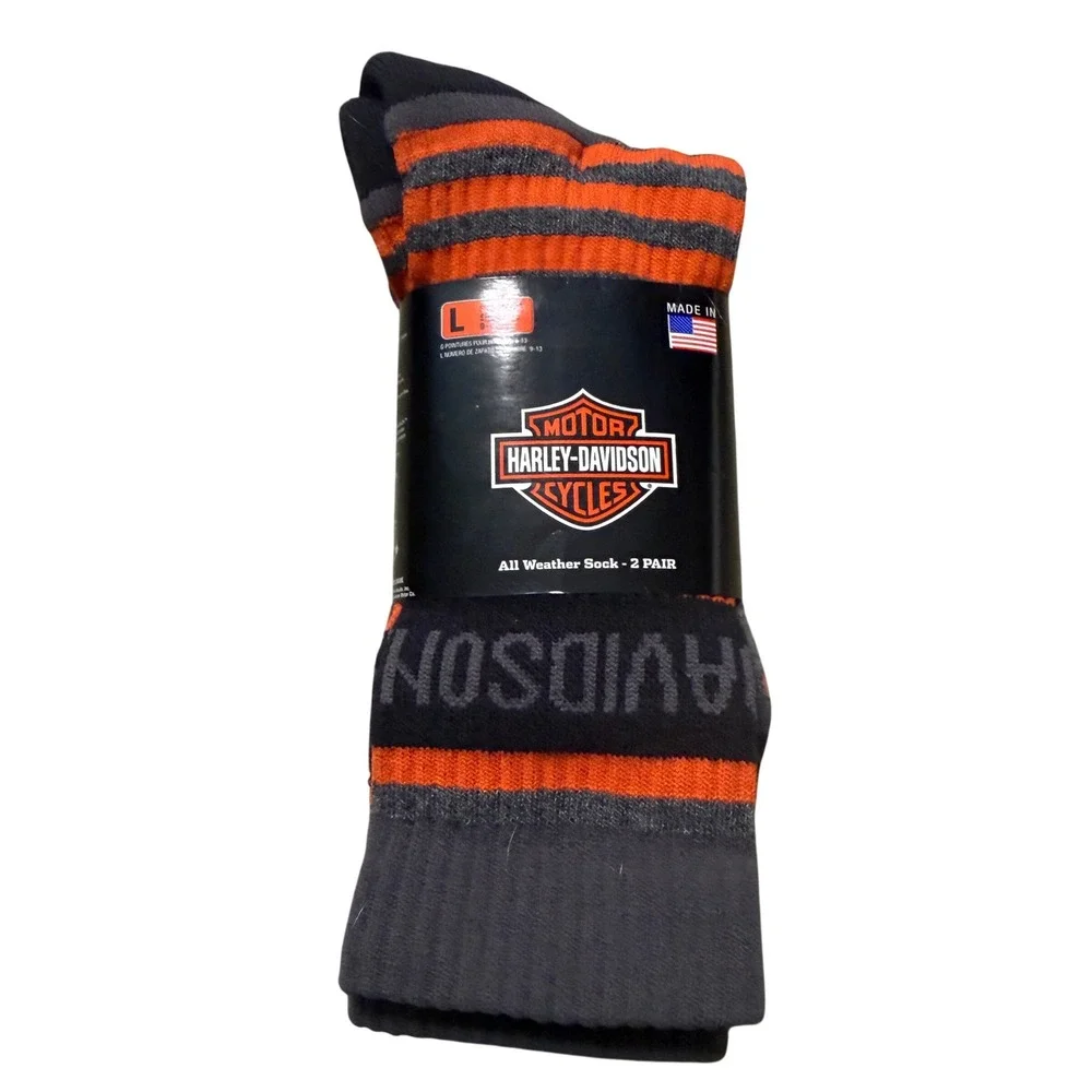 Harley Davidson Socks Large Grey Orange Striped All Weather 2 Pair Pack